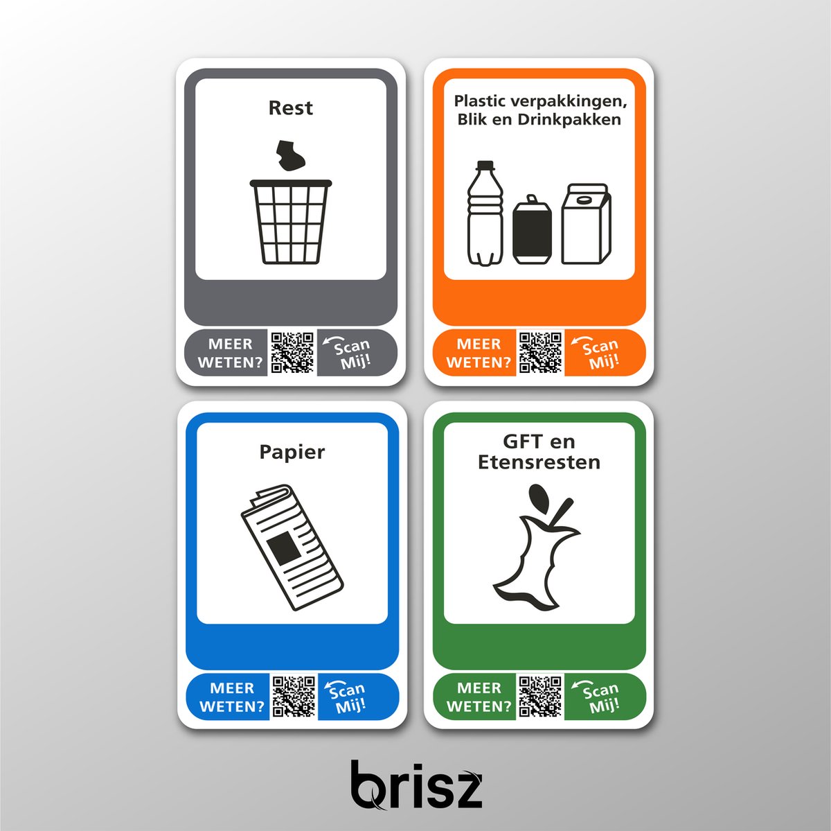 Brisz 4 afvalstickers A4 formaat met afbeelding - Scan de QR codes, leer en weet meer per afvalstroom -Kliko sticker -PMD - A4 - Container stickers- Recycle stickers - Restafval | Papier | PMD | GFT | afval sticker |  Rijkswaterstaat